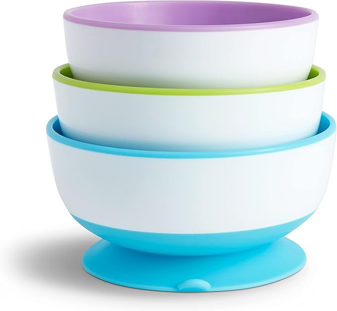 Munchkin® Multi™ Baby and Toddler Plates, 8 Pack & Stay Put™ Suction Bowls for Babies and Toddlers, 3 Pack, Blue/Green/Purple