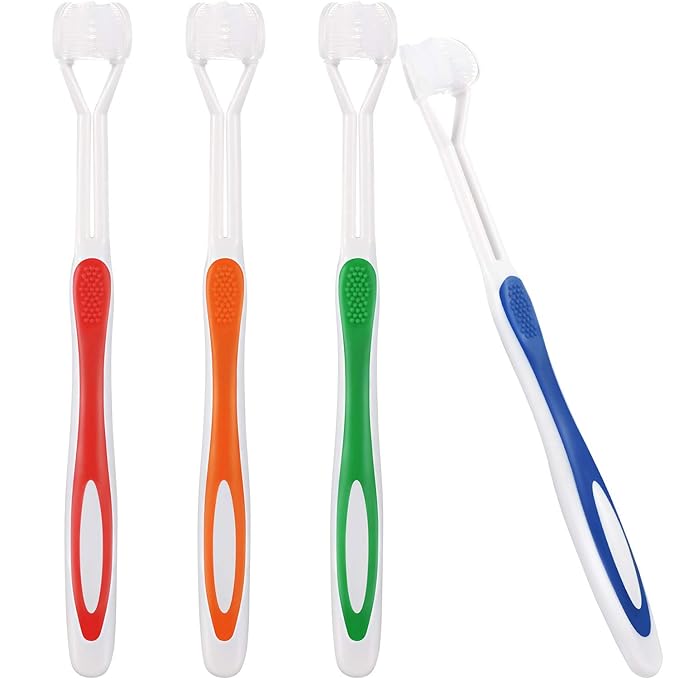 Boao 4 Pieces Three Sided Toothbrush Autism Sensory Toothbrush Bristle Travel Brush for Kids Complete Teeth Gum Care Good Angle Clean Tooth, Soft and Gentle(Green, Blue, Yellow, Red)
