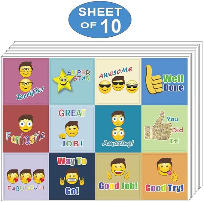 Creanoso Emoji Encouraging Words Stickers (10-Sheet) – Total 120 pcs (10 X 12pcs) Individual Small Size 2.1 x 2. Inches, Waterproof, Unique Personalized Themes Art Decal for Boys & Girls, Children