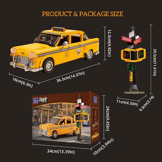 Classic 1980s New York Taxi Building Set, Retro New Yorker City Construction Set with Taxi, Traffic Light, Movable Kits – Perfect for Model Collectors, Building Enthusiasts, and Gift Ideas