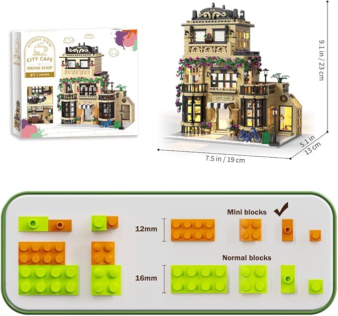 City Cafe Building Block Set, Coffee Shop City Street House Construction Toy for Adult & Teens 14+,1413pcs Mini Bricks with LED (Not Compatible with Lego)