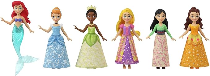 Mattel Disney Princess Toys, Small Doll Party Set with 6 Posable Princess Dolls in Sparkling Clothing & 13 Tea Time Accessories