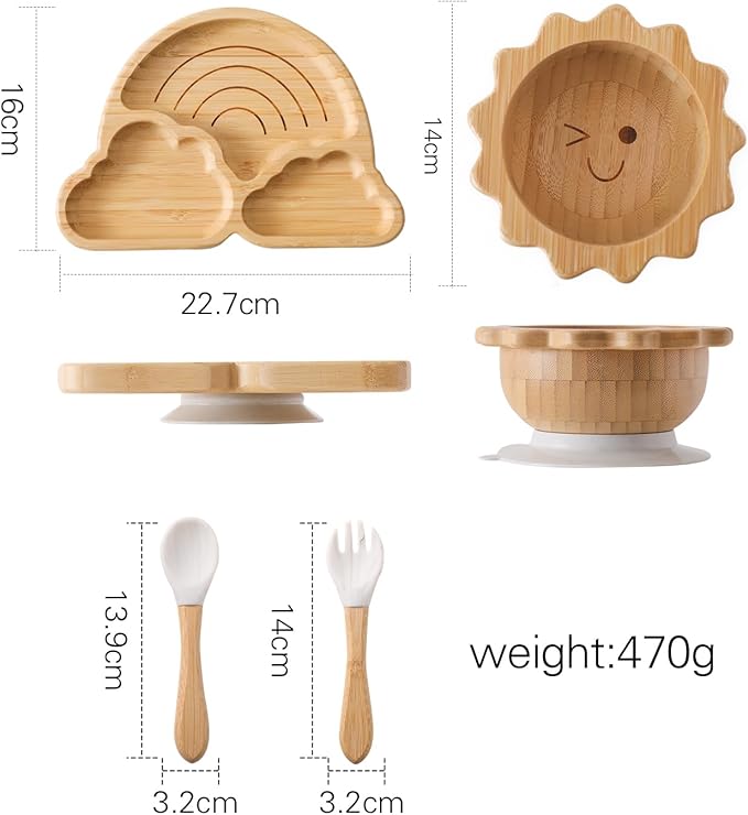 Bamboo Suction Plates Bowls Set for Baby Toddler Divided Platter Food bowl with Silicone Fork & Spoon All-Natural Baby Feeding Set for Baby-Led Weaning, Non-Slip Design