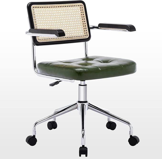 Zesthouse Modern Home Office Chair Leather Desk Chair with Rattan Back, Vanity Chair for Girls Women, Upholstered Tufted Swivel Armchair for Bedroom, Height Adjustable Computer Task Chair