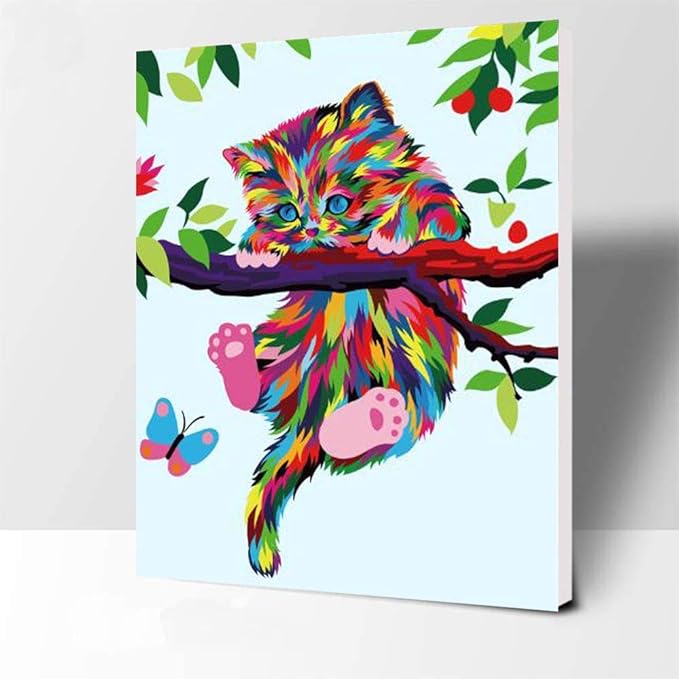 Elftoyer Paint by Numbers for Kids & Beginner, DIY Canvas Painting Gift Kits - Colorful Cats and Butterflies 12 x 16 inch (Framed)