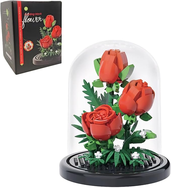 Red Rose Flowers Micro Bricks Building Set with Dust Cover,Artificial Flowers Botanical Collection for Home Decor, Creative Gifts for Adults Women Boys Girls,254 Pieces