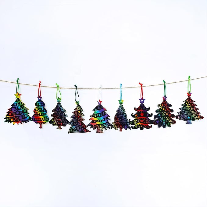 Winlyn 54 Sets 9 Styles Magic Color Scratch Black Christmas Tree Ornaments Christmas Tree Rainbow Scratch Art Decorations Christmas Craft Kit for Kids Classroom Activities Holiday Season Party Favors
