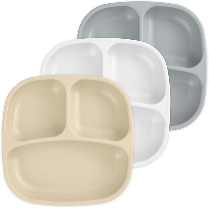 Re-Play Made in USA 7" Deep Walled Divided Plates for Kids, Set of 3 - Reusable 3 Compartment Plates, Dishwasher and Microwave Safe - 7.37" x 7.37" x 1.25", Seashell