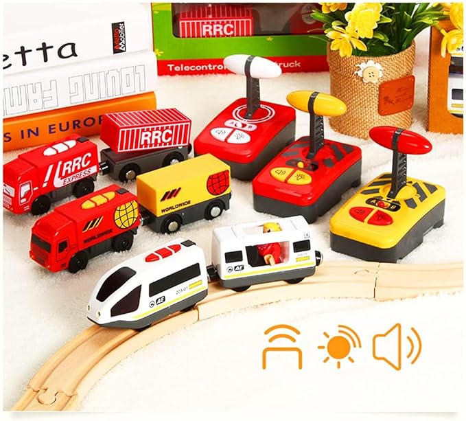 Wooden Train Set Accessories Battery Operated Locomotive Train, Remote Control Train Vehicles for Wood Tracks, Powerful Engine Train Cars Fits All Major Brands of Railway System (Battery Not Included)