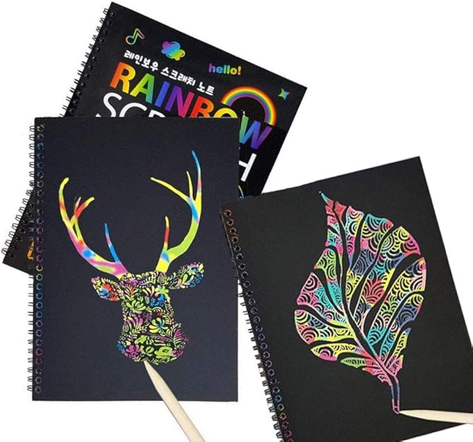 Scratch Art Notebooks 3 Pack 10.2 x 7.5 inches Rainbow Magic Scratch Off Paper Set Drawing Arts Crafts Black Scratch Books for Kids' Birthday Gifts Party Favors Christmas Presents (PRB330)