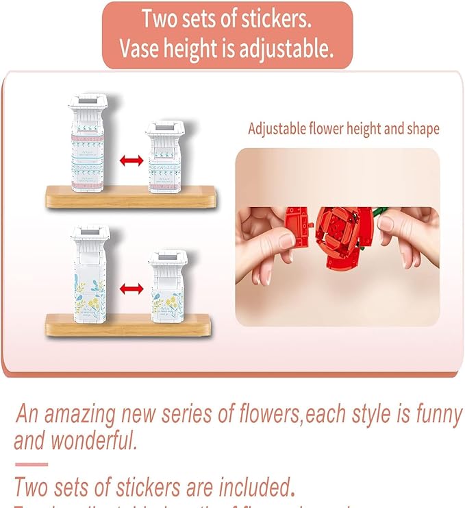 Adults Flowers Bouquet Building Set for Women, 10 Artificial Flowers, with Blocks Vase (730 Pcs)