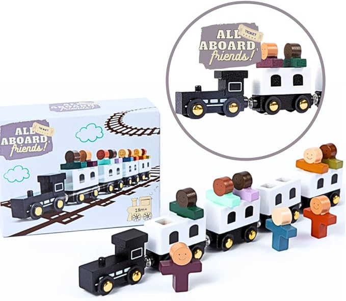Wooden Train Set - Train Toys Magnetic - Toy Train Sets for Kids Toddler Boys and Girls | Compatible w/Wooden Train Tracks -All Aboard, Friends!