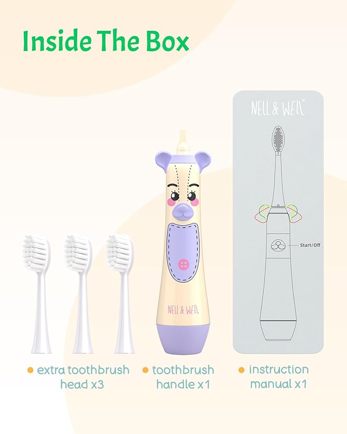 NELL&WELL Kids Electric Toothbrush, 2-Min Timer, 3 Modes with Memory, IPX 7 Waterproof, Battery Powered Kids Toothbrush with 3 Soft Bristles Heads for Children Boys and Girls Ages 3+…