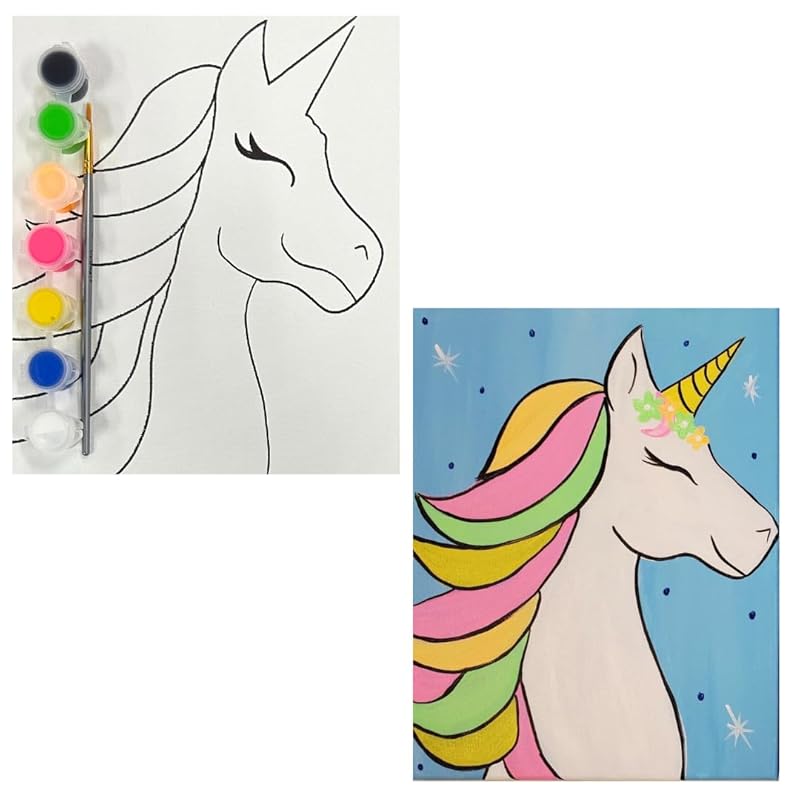 Paint Your Own Pre-Drawn Canvas Kit for Kids, Unicorn Theme, DIY Paint Party Kit - Paint Brush & Color Mixing Chart - Handmade & Stenciled (16" x 20")