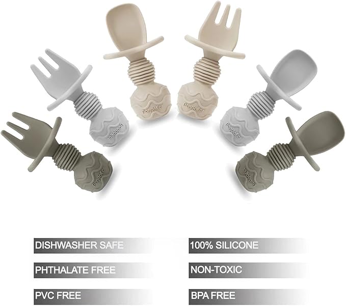PandaEar 6 Pack Silicone Baby Spoons and Fork Feeding Set- Anti-Choke First Self Feeding Utensils for Baby Led Weaning Ages 3 Months (Tan,Walnut&Grey)