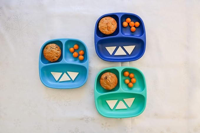 Re-Play Made in USA 7" Deep Walled Divided Plates for Kids, Set of 3 - Reusable 3 Compartment Plates, Dishwasher and Microwave Safe - 7.37" x 7.37" x 1.25", A True Blue