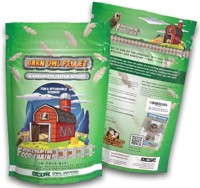 OBDK Barn Owl Pellets for Dissection - 20 Pack Medium Sized (1.5"-2.0") with Tools, Guide and Charts from Owl Brand Discovery Kits
