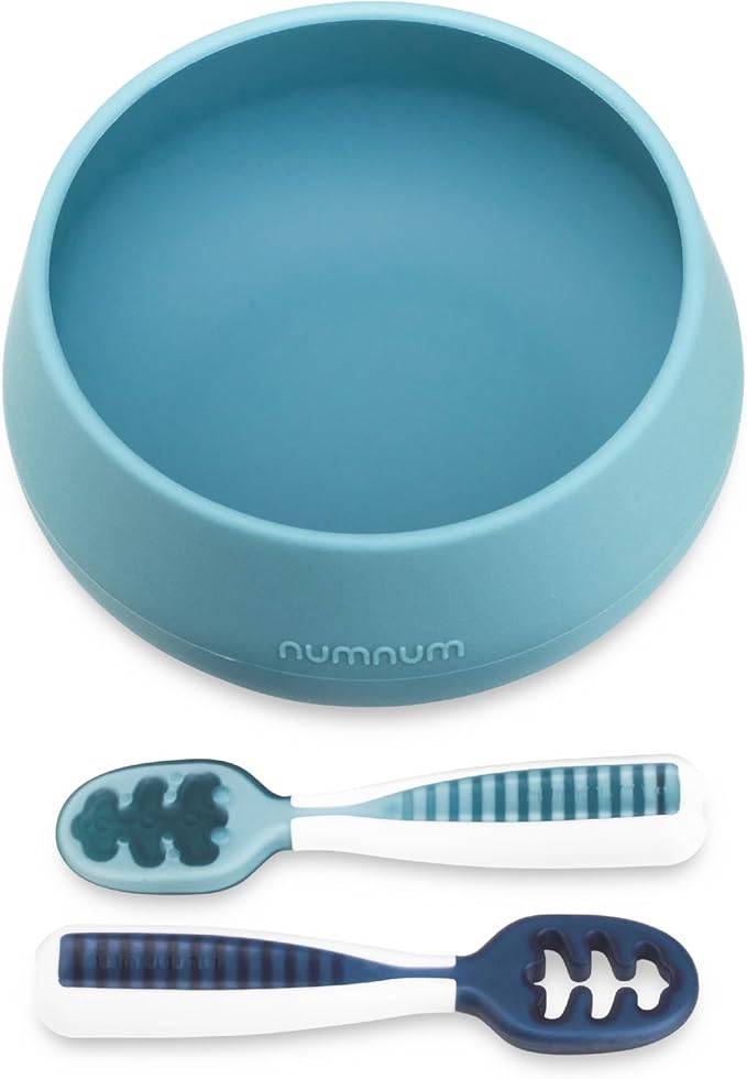 NumNum Suction Bowl + Pre-Spoon GOOtensils Self Feeding Set for Babies & Toddlers | Baby Spoon Set (Stage 1+ 2) | 100% Food Grade Silicone BPA-Free | Strong Suction | 4 months+ (Blue/Navy)