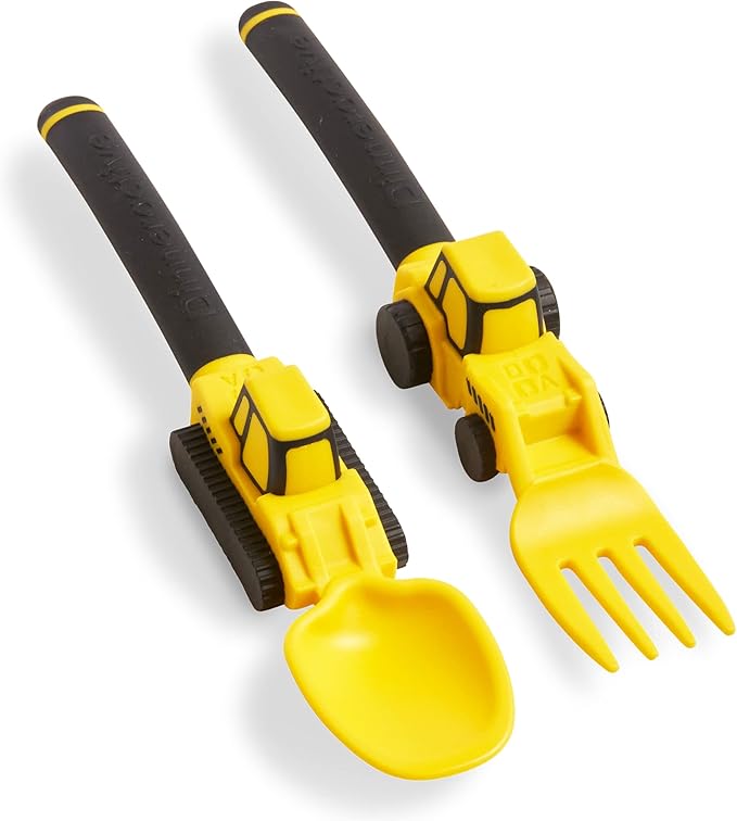 Dinneractive Utensil Set for Kids – Construction Themed Toddler Forks and Spoons, Toddler Utensils – 2-Piece Set – Yellow Construction Utensils For Toddlers - Loader & Tractor Toddler Spoons and Forks