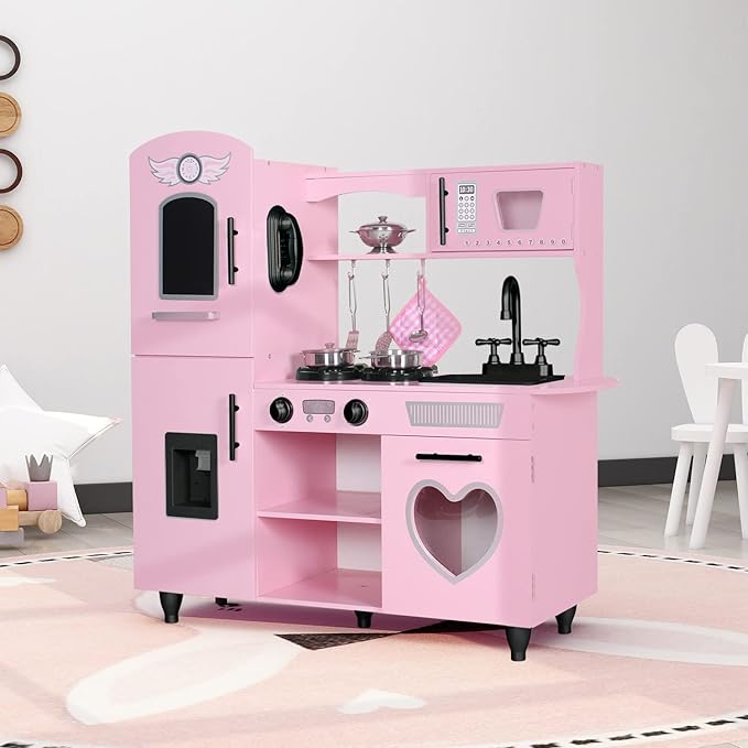 TaoHFE Play Kitchen, Pink Kids Kitchen Set for Girls Kitchen Set for Kids Ages 6-8 Gift Toddler Kitchen Set for Kids Age 3+ Kids Kitchen Playset with Lights & Sounds Wooden Toy Kitchen Playset Gift
