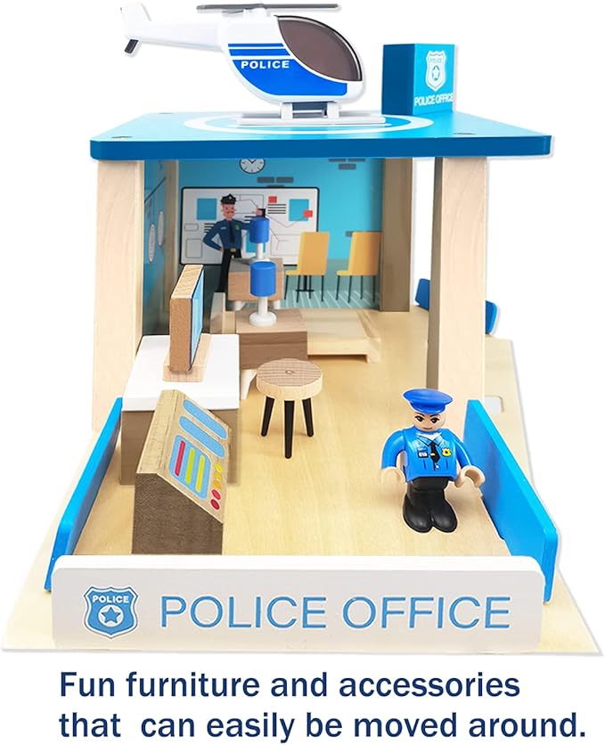 Wooden Police Station Playset Toy, Multicolor 3-Level Pretend Play Dollhouse Set with Figures, Car, Helicopter and Accessories, Preschool Learning Educational Toys for Toddlers Kids Age 3 and up