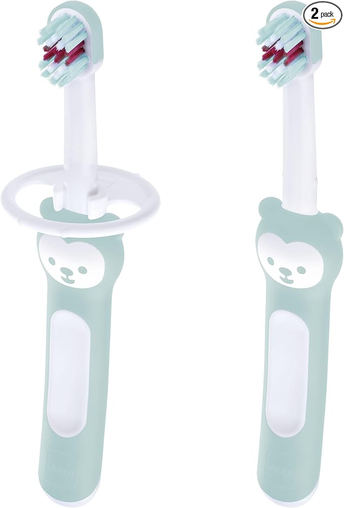 MAM Baby Toothbrushes (2 Baby's Brushes and 1 Safety Shield), Toothbrushes with Brushy the Bear Character, Interactive App, For Boys 6+ Months