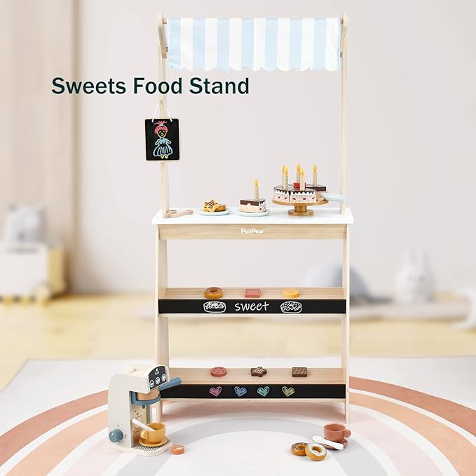PairPear Grocery Store Pretend Play, Wooden Toys Lemonade Stand for Kids, Natural Style Market Stand Play Food Sets.