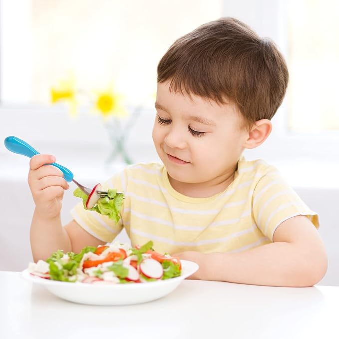 Lehoo Castle Toddler Fork and Spoon, 6pcs Toddler Utensils Kids Silverware, Safe Stainless Steel Toddler Fork Spoon Set, Children Flatware Set, Incudes 3 Spoons and 3 Forks (Blue Yellow)