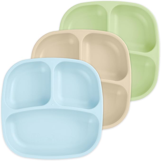 Re-Play Made in USA 7" Deep Walled Divided Plates for Kids, Set of 3 - Reusable 3 Compartment Plates, Dishwasher and Microwave Safe - 7.37" x 7.37" x 1.25", Beach Baby