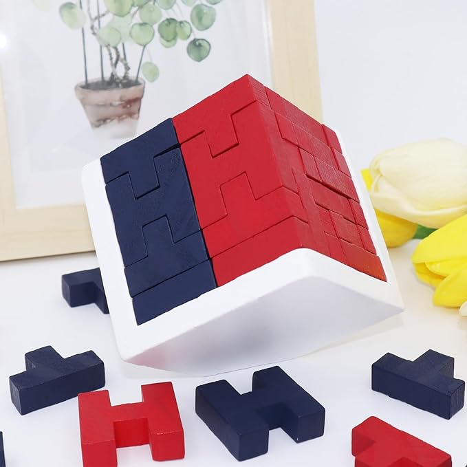 Wooden Brain Teaser Puzzle Cube Easter Basket Stuffers Wooden Puzzles T-Shaped Jigsaw Logic Puzzle Educational Toy for Kids and Adults by AHYUAN (Red and Black)