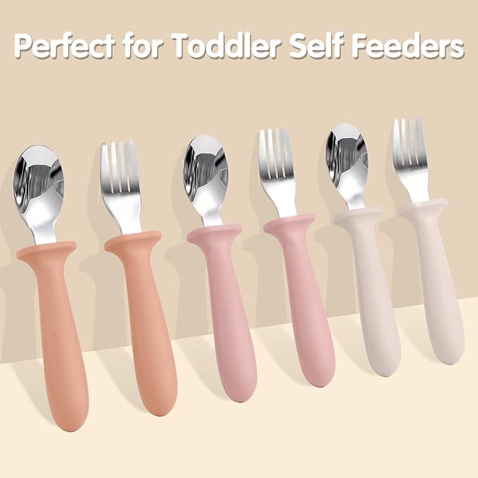 Toddler Spoons and Forks Set, 6 Pack Kids Silverware with Silicone Handle, BPA Free, 18/8 Stainless Steel Children Safe Toddler Utensils, Dishwasher Safe