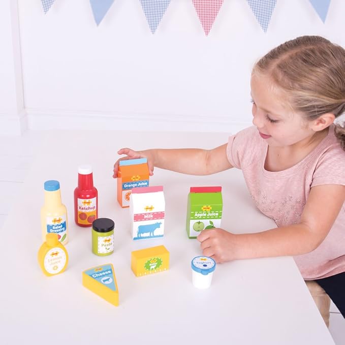 Bigjigs Toys Chilled Groceries Wooden Play Food - 11 Grocery Play Food Pieces, Quality Toy Food for Toddlers & Children, Perfect Kids Wooden Kitchen Accessories for Pretend Play