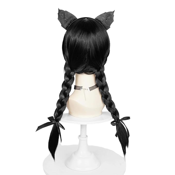 Probeauty Long Black Braided Wig for Kids Girls Cosplay Wigs with Devil Headband Necklace for Halloween Costume