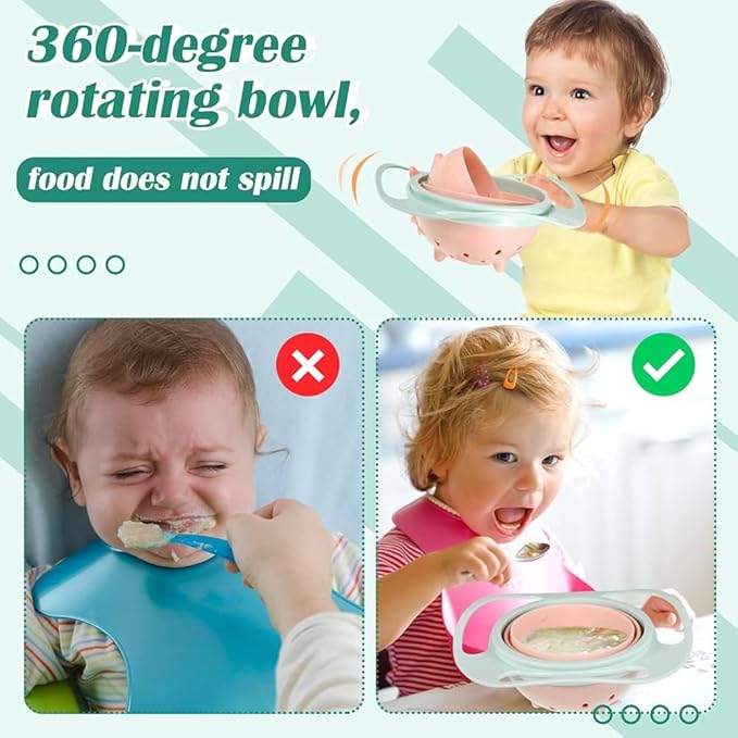 BPA Free Anti Spill 360 Rotate Gyro Bowl for Babies, Universal Kids Feeding Tableware (Yellow/Purple), Small