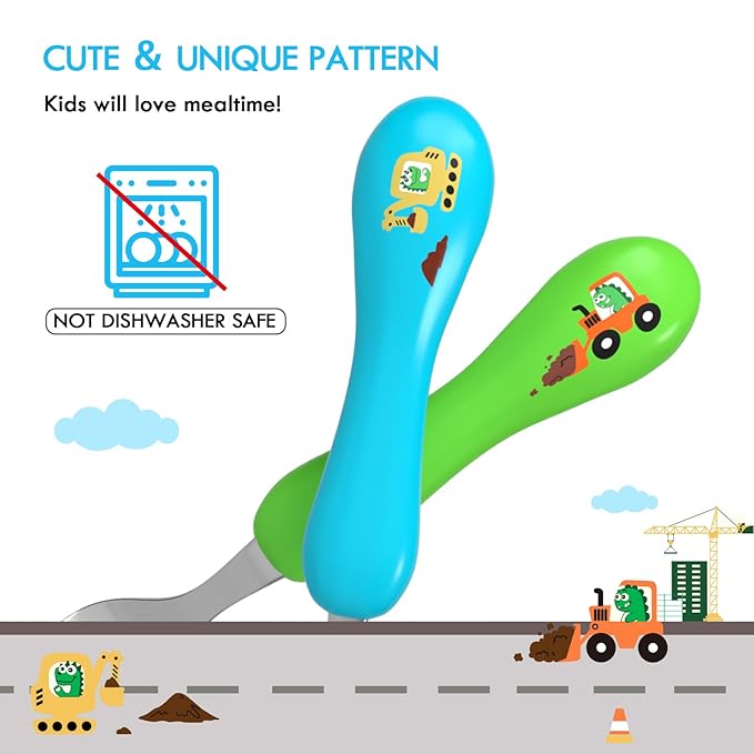 Lehoo Castle Toddler Fork and Spoon, 6pcs Toddler Utensils Kids Silverware, Safe Stainless Steel Toddler Fork Spoon Set, Children Flatware Set, Incudes 3 Spoons and 3 Forks (Dinosaur)