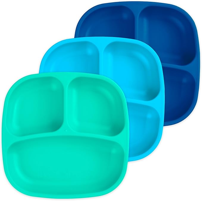Re-Play Made in USA 7" Deep Walled Divided Plates for Kids, Set of 3 - Reusable 3 Compartment Plates, Dishwasher and Microwave Safe - 7.37" x 7.37" x 1.25", A True Blue