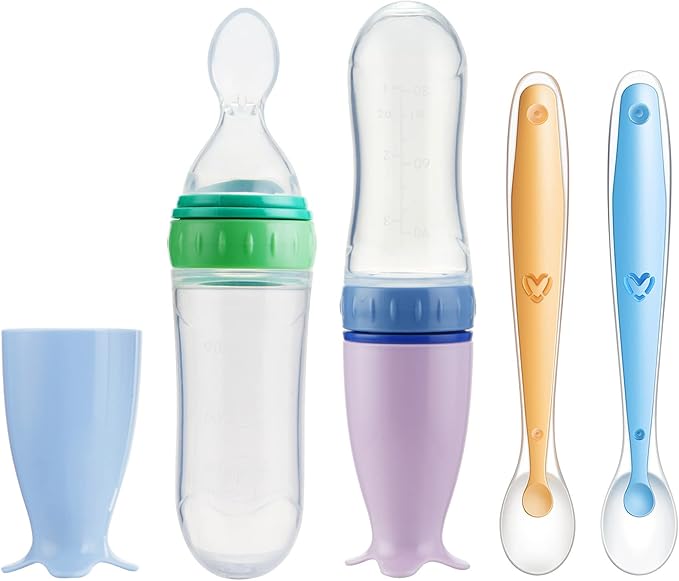 PandaEar 2 Pack Baby Food Spoon Dispenser + 2 Silicone Baby Spoons| Baby Spoon Bottle Feeder| 4 oz Squeeze Spoon Feeder for Baby Food| Travel Friendly Kids Toddlers Boys Girl