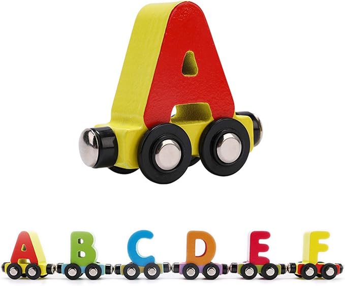 Wondertoys 27 PCS Wooden Alphabet Train Toy Wooden Magnetic Alphabet ABC Train Set Includes 1 Engine Letter Cars for Toddlers Boys and Girls, Compatible with Major Brands Train Set Tracks