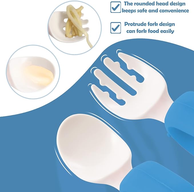 Baby Self Feeding Training Spoon and Fork Set with Travel Case, BPA-Free Cute Circle Toddler Training Utensils, Silicone/ABS Great Tableware Set Spoons Fork for Kids (Blue)