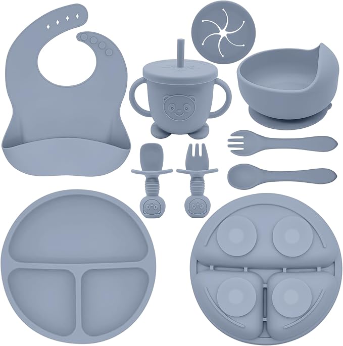 Silicone Baby Feeding Set | Baby Led Weaning Supplies Includes Suction Bowls and Divided Plates, Adjustable Bib, Baby Utensils Spoons and Forks,Cup | Baby Feeding Essentials (Blue Gray)