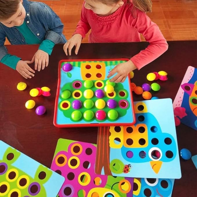 58 Pcs Button Art Toys for Toddlers,Color Matching Mosaic Pegboard for Toddlers,Early Learning Educational Toys Toddler Activities,Include 12 Pictures and 46 Buttons with Box