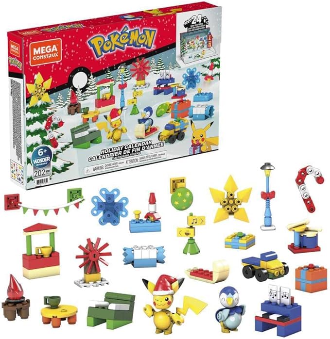 MEGA Pokémon Building Toys Set, Holiday Calendar with 202 Pieces, 2 Poseable Characters and Accessories, for Kids