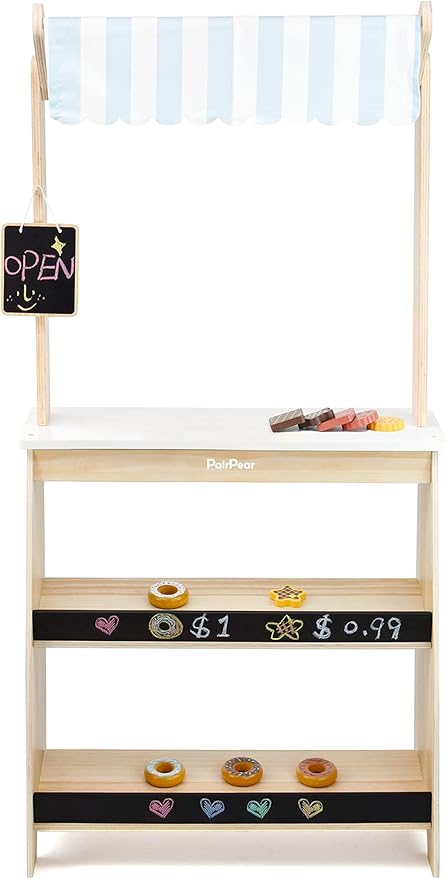 PairPear Grocery Store Pretend Play, Wooden Toys Lemonade Stand for Kids, Natural Style Market Stand Play Food Sets.