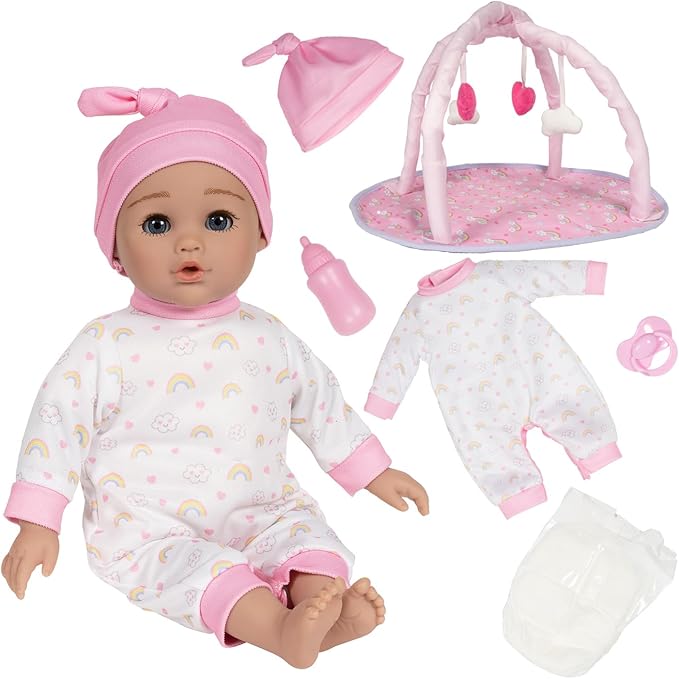 ADORA Over The Rainbow Baby Doll and Play Mat with 7 Piece Accessories Set Including Rainbow-Print Onesie, Beanie, Pacifier, Doll Diaper and Pink Bottle Birthday Gift for Kids Ages 3+