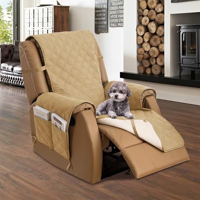 TOMORO Non-Slip Quilted Recliner Cover, 100% Waterproof Recliner Chair Slipcover Furniture Protector with Pockets, Washable Couch Cover with Elastic Straps for Kids and Pets，23 Inch