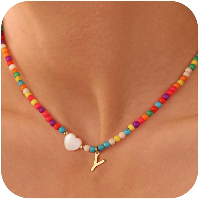 Ursteel Colorful Initial Cute Necklaces for Girls - Trendy Beaded Choker Necklace for Women Teen Girl, Handmade Letter Necklace Gifts for Women Girls Jewelry