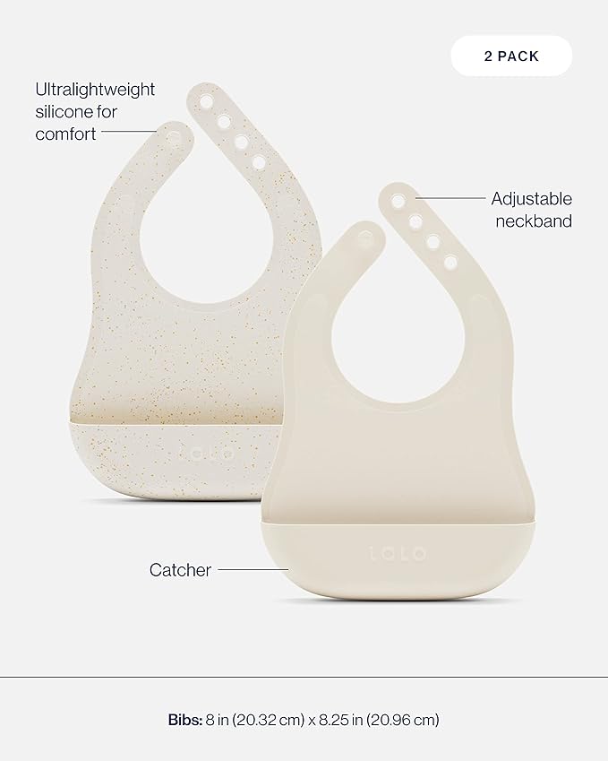 Lalo First Bites Silicone Baby Feeding Set - Baby Led Weaning Supplies - Non-Toxic Silicone - Includes 2 Bibs, 2 Spoons, Training Cup, Suction Plate and Bowl - 6 Pieces - Oatmeal