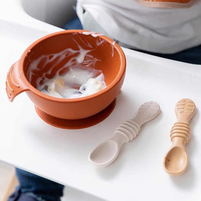 Bumkins Baby Utensil Set, Silicone Trainer Spoons for Dipping, Soft Tip, Self-Feeding, Chew, Baby Led Weaning, First Year Training Supplies, Essentials in Learning Eating, 4 Mos, 3-pk Beige and Brown