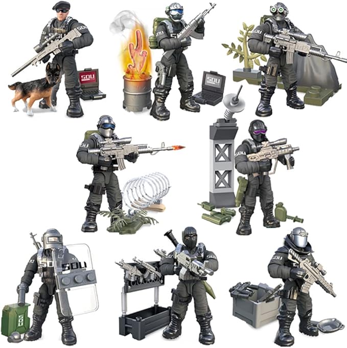 8 PCS Building Block City Policeman Mini-Figures with Multiple Military Weapons Accessories SWAT Equipment Military Vehicle Army Car Assembly Building Toys Gift for Boys