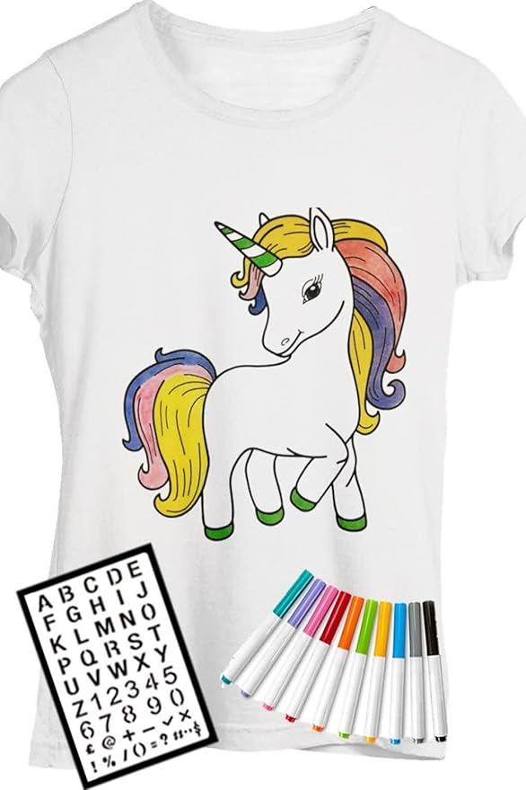 Unicorn Coloring Kit for Girls - DIY with Shirt, 10 Fabric Markers and Alphabet Stencil